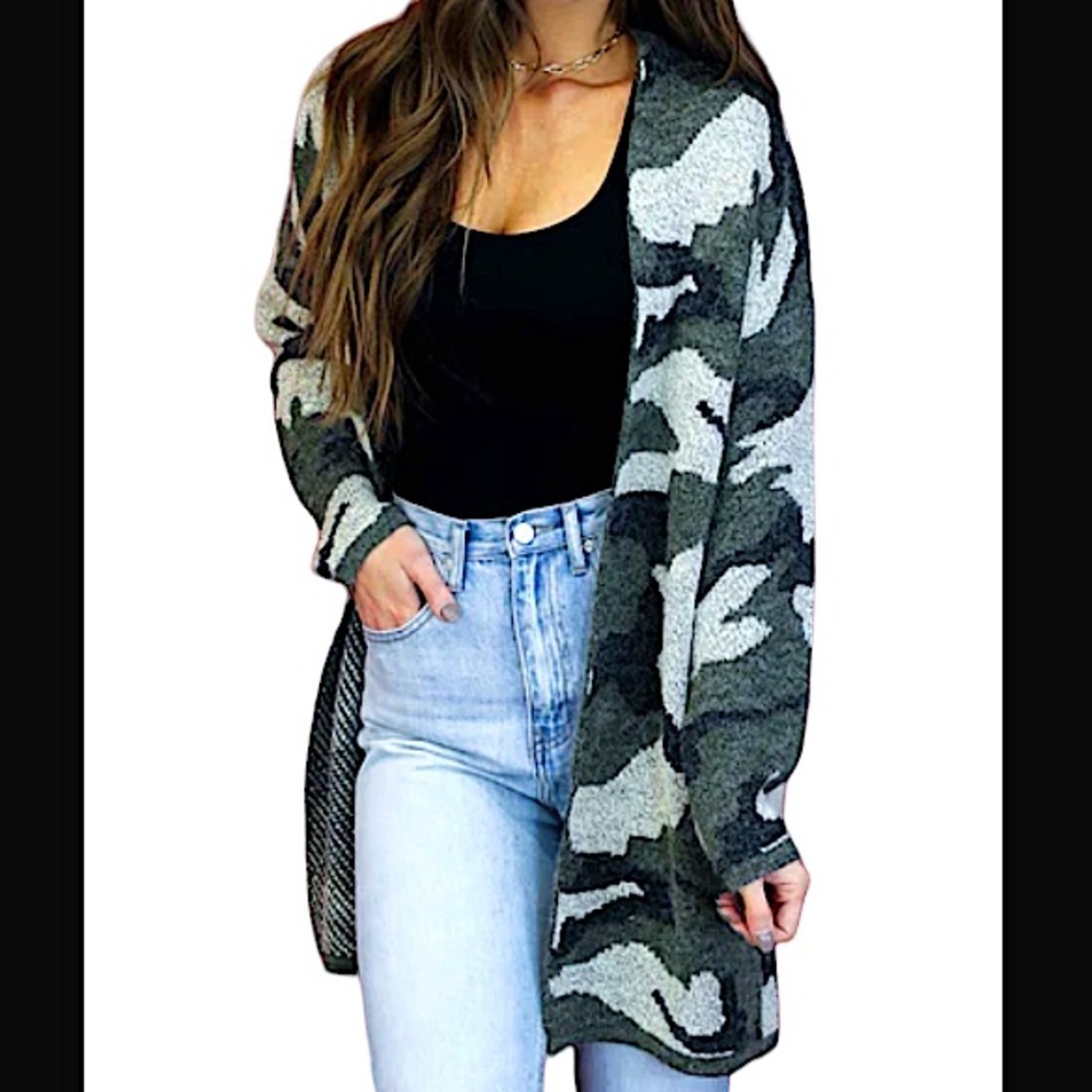 Dreamers Long Line Cardigan Camo Open Front Long Sleeves Sweater